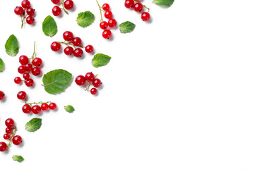 Fruit pattern made of fresh berries, green leaves and frame on white background. Concept of healthy food. Flat lay, top view, copy space