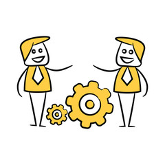 businessman and gears for operation and teamwork concept yellow doodle design