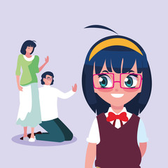 cute little student girl and schoolbag with parents