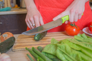 Young Woman Cooking in the kitchen. Cropped image of young girl cutting vegetables for Food. Chef cuts the vegetables into a meal