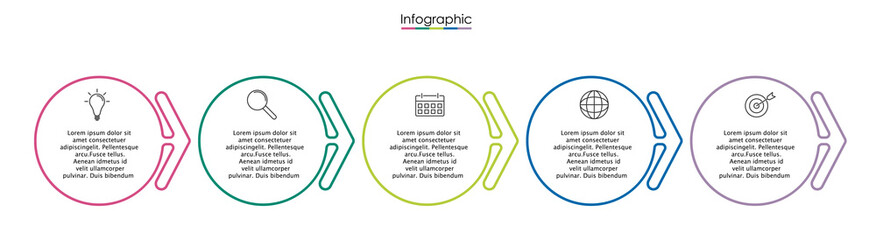Vector infographic template with five steps or options. Illustration presentation with thin line elements icons.  Business concept graphic design can be used for web, paper brochure, diagram