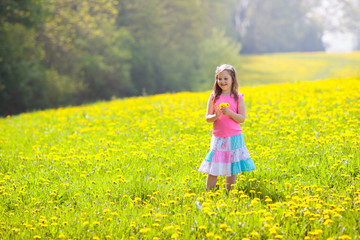 Kids play. Child in dandelion field. Summer flower