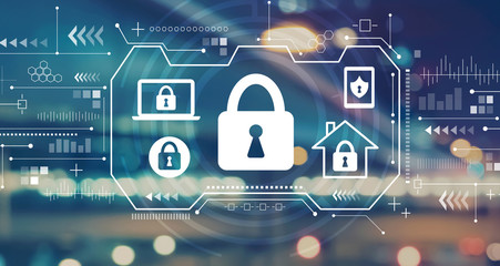 Security theme with blurred city abstract lights background