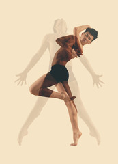 Young handsome ballet man in fly grace pose. Double exposure