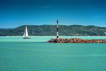 Sailboats in the port on lake Balaton in summer