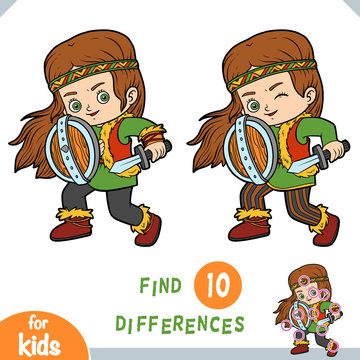 Find Differences, Education Game For Children, Viking Girl With Shield And Sword