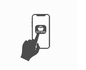 Flat design of a gray vector smartphone icon and hand buying online. Online shopping
