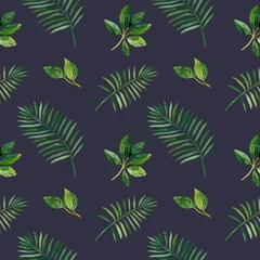 Afwasbaar Fotobehang Tropische bladeren A seamless pattern with tropical leaves on a dark background, perfect for scrapbooking and gift wrapping, also suitable for prints on clothes. Hand-drawn watercolor on paper - digital clipart