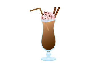 Chocolate Milkshake vector. Glass of milkshake icon. Coffee milkshake with cocoa topping and whipped cream. Shake isolated on a white background