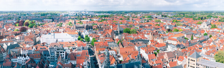 Fototapeta na wymiar Large aerial view panorama of the historic part of Bruges, Belgium