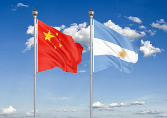China vs Argentina. Thick colored silky flags of European Union and Uruguay. 3D illustration on sky background. – Illustration