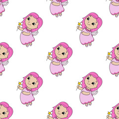 Happy fairy. Colored seamless pattern with cute cartoon character. Simple flat vector illustration isolated on white background. Design wallpaper, fabric, wrapping paper, covers, websites.