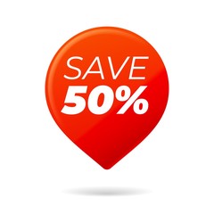 Red Pin on white background, save 50 percent