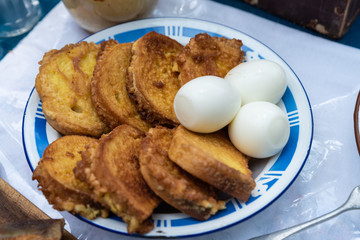 fried bread and boiled eggs