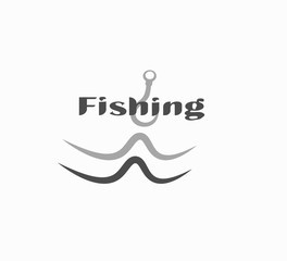 Flat design vector icon fishing closeup. Logo mockup for company - fishing business idea. Waves with fishing equipment close-up