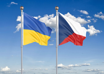 Ukraine vs Czech Republic. Thick colored silky flags of Ukraine and Czech Republic. 3D illustration on sky background. – Illustration