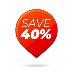 Red Pin on white background, save 40 percent