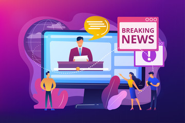 Press, mass media, broadcasting studio. Journalists, reporters characters. Hot online information, breaking news, headline news content concept. Bright vibrant violet vector isolated illustration