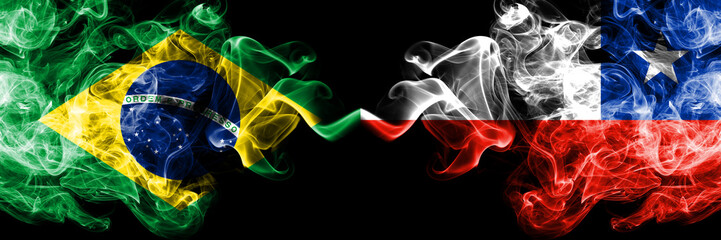 Brazil, Brazilian, Chile, Chilean, flip, competition thick colorful smoky flags. America football final stage match games
