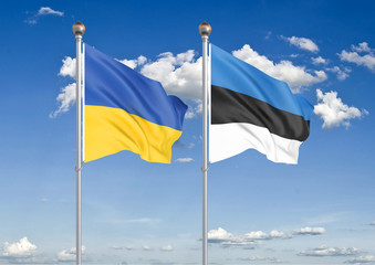 Ukraine vs Estonia. Thick colored silky flags of Ukraine and Estonia. 3D illustration on sky background. – Illustration