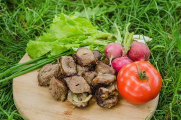 shashlik with vegetables on wooden background on nature. Russian food concept