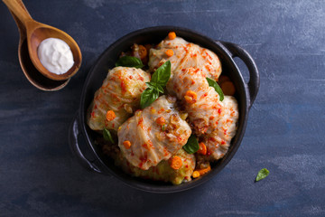 Stuffed cabbage leaves with meat, rice and vegetables. Chou farci, dolma, sarma, sarmale, golubtsy or golabki - popular dish in many countries. View from above, top studio shot