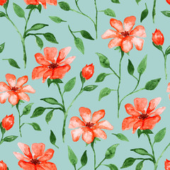 Beautiful red flowers, watercolor painting - hand drawn seamless pattern with blossom on blue background