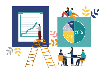 Vector illustration of a business, employees study infographics. Illustration for your design