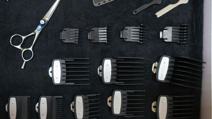 Professional barber tools  for barbershop, workplace. Men's shaving and haircut