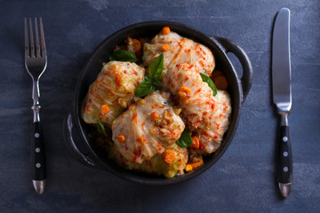 Stuffed cabbage leaves with meat, rice and vegetables. Chou farci, dolma, sarma, sarmale, golubtsy or golabki - popular dish in many countries. View from above, top studio shot