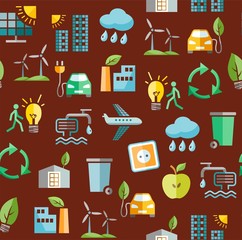 Eco-friendly technology, seamless pattern, brown, color, vector. Clean energy, fuel and food production. Future technology. Seamless brown background with colored icons. Vector flat pattern. 