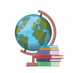 stack of books with globe on white background