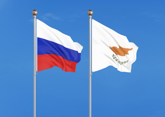 Russia vs Cyprus. Thick colored silky flags of Russia and Cyprus. 3D illustration on sky background. – Illustration