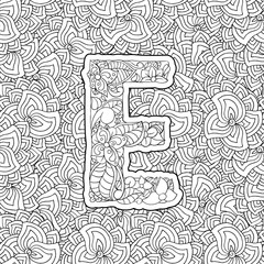 Coloring Book Floral Ornamental Alphabet, Initial Letter E Font. Vector Typography Symbol. Antistress Page for Adults and Monograms Isolated Ornament Design on Patterned Background