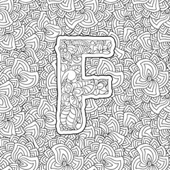 Obraz premium Coloring Book Floral Ornamental Alphabet, Initial Letter F Font. Vector Typography Symbol. Antistress Page for Adults and Monograms Isolated Ornament Design on Patterned Background