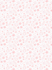 Doodle flowers pattern for fabric. Girlish pink background