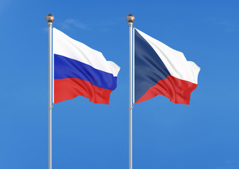 Russia vs Czech Republic. Thick colored silky flags of Russia and Cyprus. 3D illustration on sky background. – Illustration