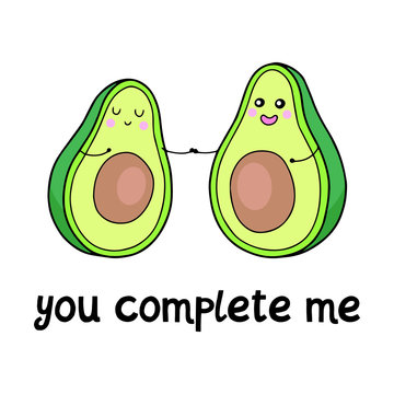 Cute cuddling avocado vector illustration. Avocuddle kawaii character.