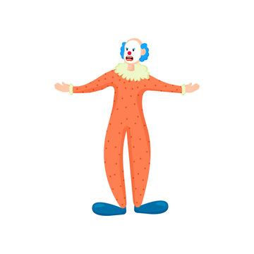 Scary clown with blue hair, red lips and orange clothes