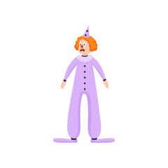 Sad red hair clown with violet long clothes