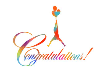 The silhouette of a man flying on balloons. Congratulations postcard!