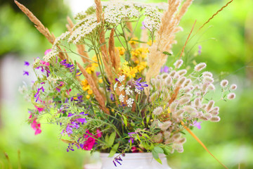 Beautiful wild flowers on the background of green trees