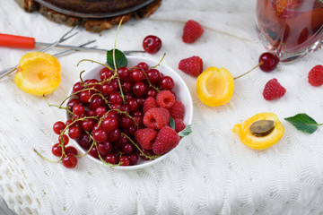 Summer picnic on nature, with a delicious chocolate cake, compote, berries, wild flowers