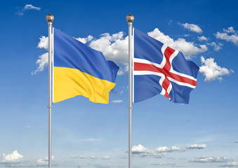 Ukraine vs Iceland. Thick colored silky flags of Ukraine and Iceland. 3D illustration on sky background. – Illustration
