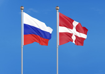Russia vs Denmark. Thick colored silky flags of Russia and Cyprus. 3D illustration on sky background. – Illustration