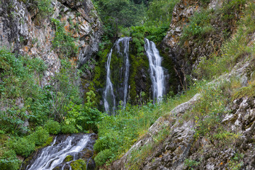 mountain wooded waterfall among the rocks in summer