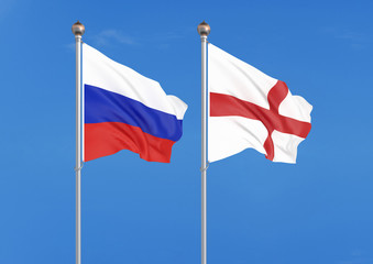Fototapeta na wymiar Russia vs England. Thick colored silky flags of Russia and England. 3D illustration on sky background. – Illustration