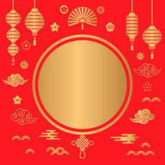 Red traditional Chinese banner with golden oriental elements. flat vector illustration