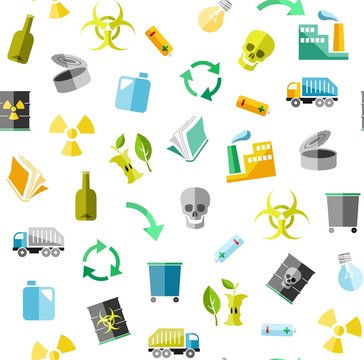 Waste collection and disposal, seamless pattern, white, color, vector.  Garbage collection, different types of waste. Vector, seamless background. Colored, flat icons on white background.  