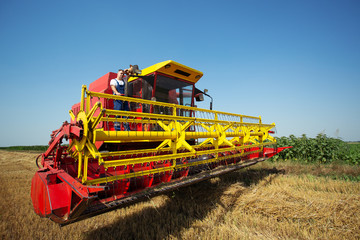 Combine harvester working on a wheat field